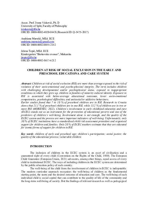 (DOC) CHILDREN AT RISK OF SOCIAL EXCLUSION IN THE EARLY AND PRESCHOOL ...