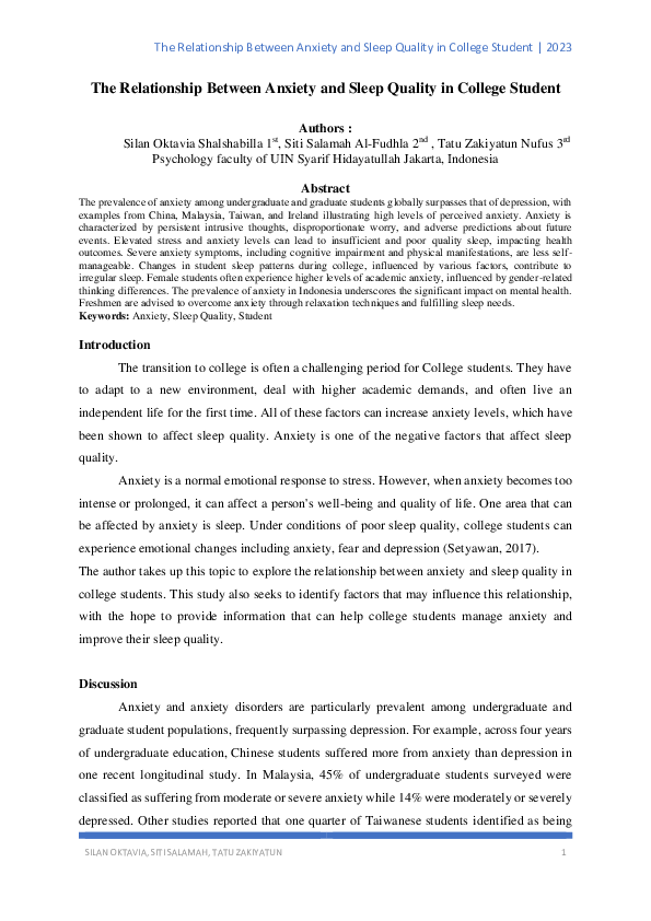 (PDF) The Relationship Between Anxiety and Sleep Quality in College Student