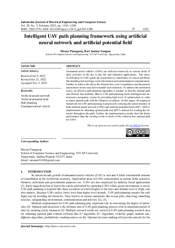 Intelligent UAV path planning framework using artificial neural network and artificial potential field