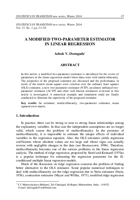 (PDF) A modified two-parameter estimator in linear regression