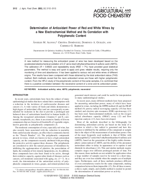 (PDF) Determination of Antioxidant Power of Red and White Wines by a ...