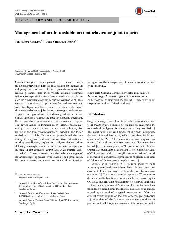 (PDF) Management of acute unstable acromioclavicular joint injuries