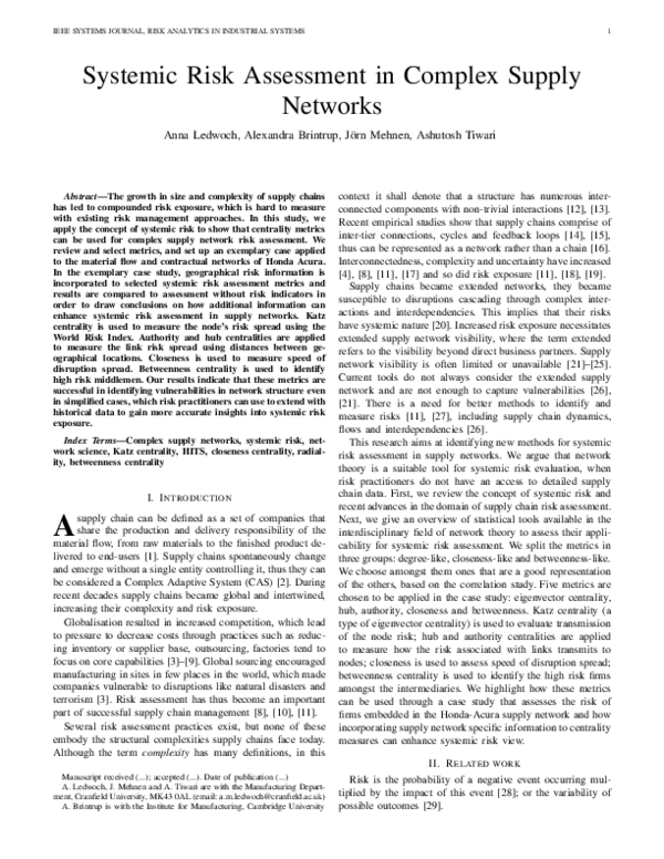 (PDF) Systemic Risk Assessment in Complex Supply Networks
