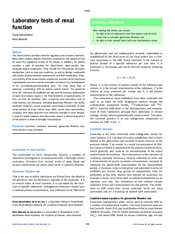 (PDF) Laboratory tests of renal function