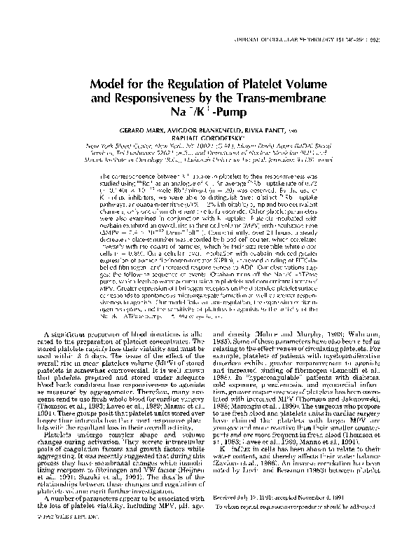 (PDF) Model for the regulation of platelet volume and responsiveness by the transmembrane Na+