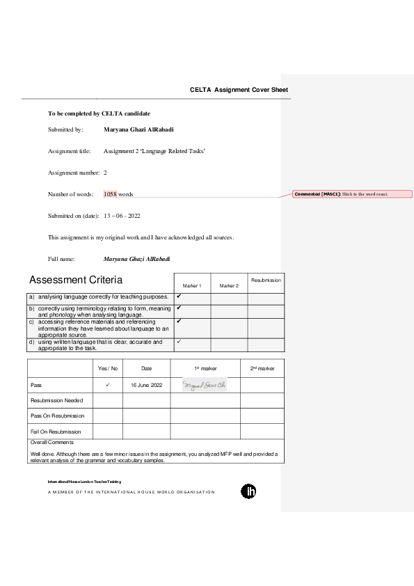 (PDF) CELTA - Assignment 2 ‘Language Related Tasks’ with Tutor’s ...