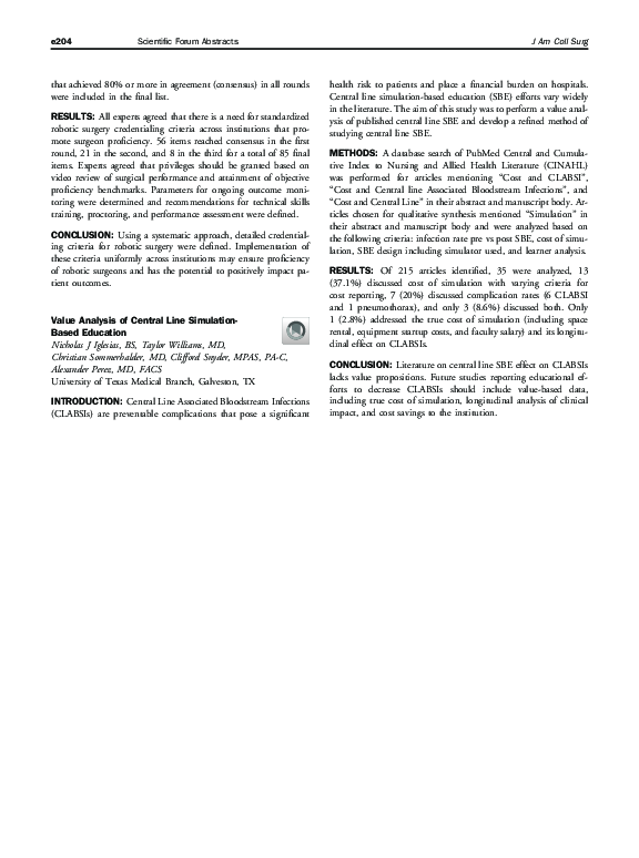 Value Analysis of Central Line Simulation-Based Education