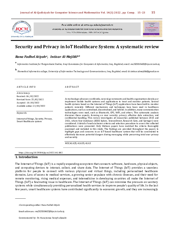 (PDF) Security and Privacy in IoT Healthcare System: A systematic review