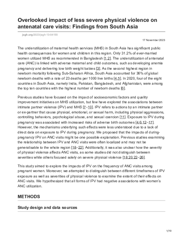 (PDF) Overlooked impact of less severe physical violence on antenatal ...