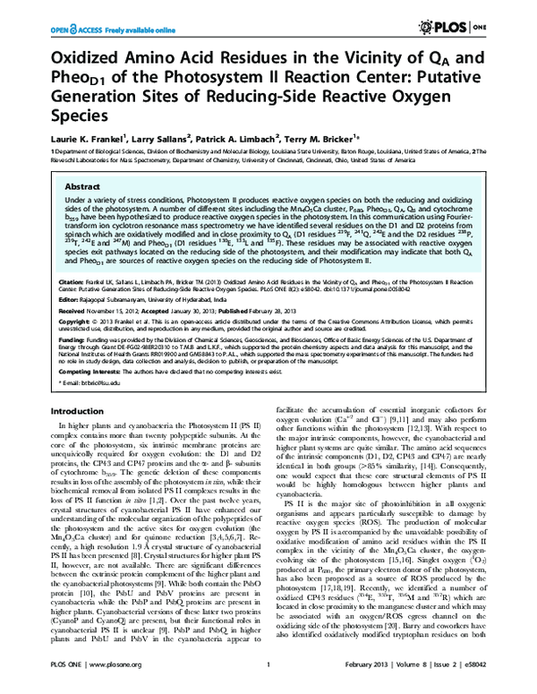 (PDF) Oxidized Amino Acid Residues in the Vicinity of QA and PheoD1 of ...