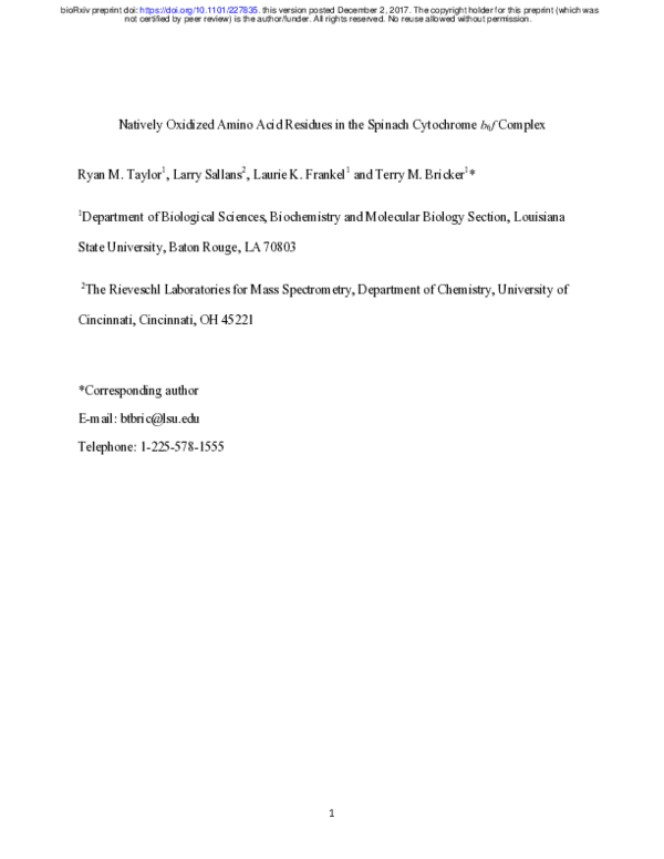 (PDF) Natively Oxidized Amino Acid Residues in the Spinach Cytochrome b ...