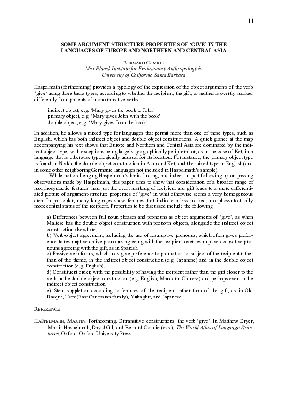 (PDF) Some argument-structure properties of ‘give’ in the languages of ...