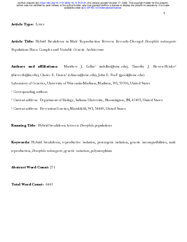 (PDF) Hybrid Breakdown in Male Reproduction Between Recently-Diverged ...