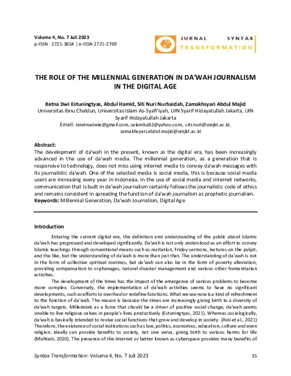(PDF) The Role of the Millennial Generation in Da'Wah Journalism in the ...