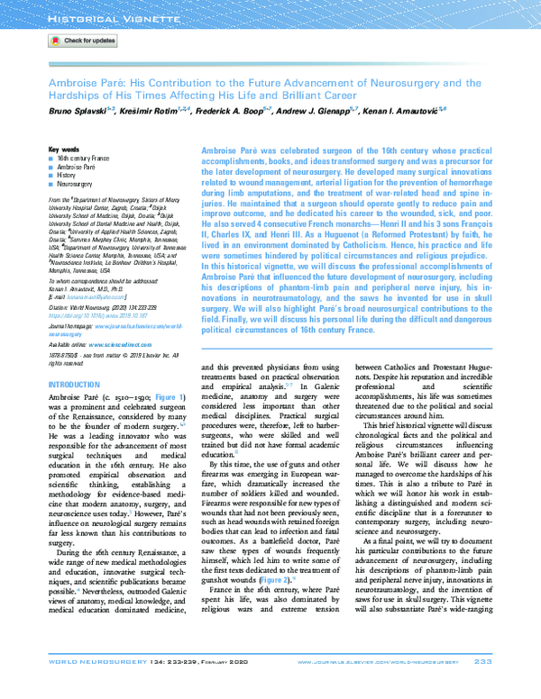 (PDF) Ambroise Paré: His Contribution to the Future Advancement of ...