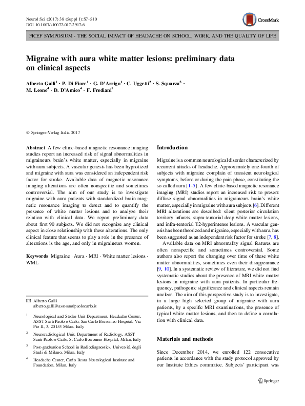 (PDF) Migraine with aura white matter lesions: preliminary data on ...