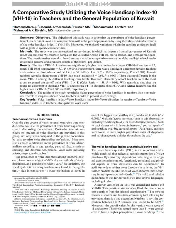 (PDF) A Comparative Study Utilizing the Voice Handicap Index-10 (VHI-10 ...