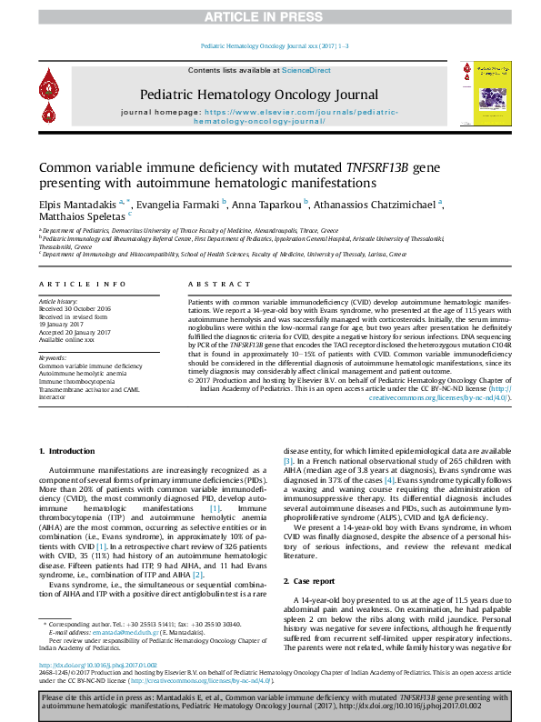 (PDF) Common variable immune deficiency with mutated TNFSRF13B gene ...