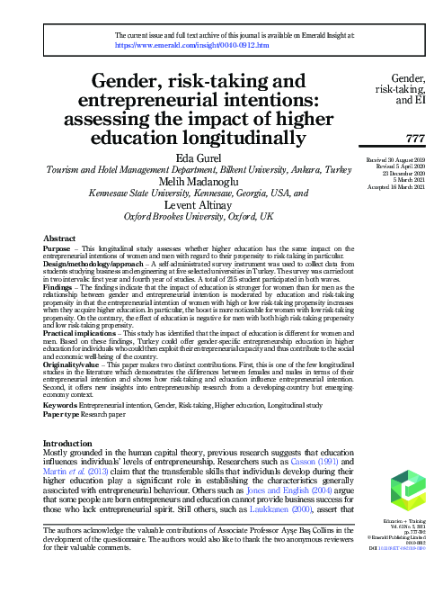 (PDF) Gender, risk-taking and entrepreneurial intentions: assessing the ...