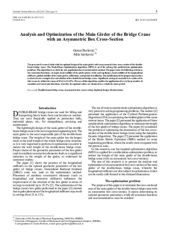 (PDF) Analysis and optimization of the main girder of the bridge crane ...
