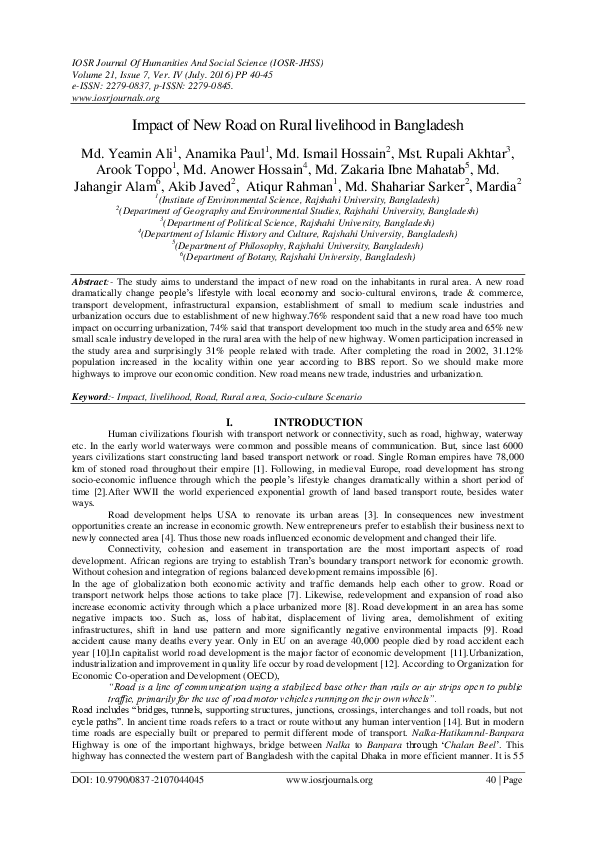 (PDF) Impact of New Road on Rural livelihoodin Bangladesh