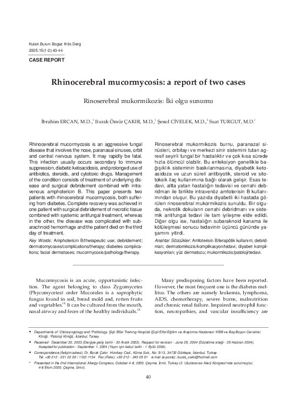 (PDF) Rhinocerebral mucormycosis: a report of two cases