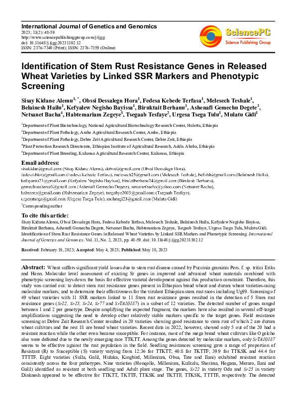 (PDF) Identification of Stem Rust Resistance Genes in Released Wheat ...