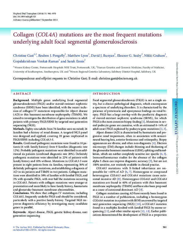 (PDF) Collagen ( COL4A ) mutations are the most frequent mutations ...