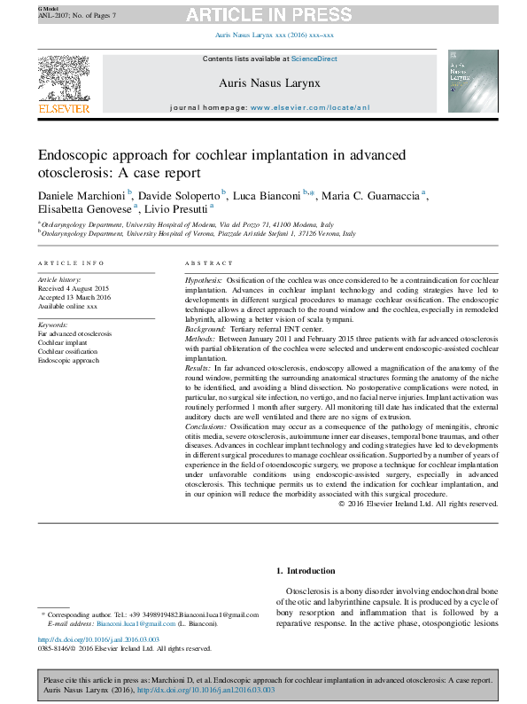 (PDF) Endoscopic approach for cochlear implantation in advanced ...
