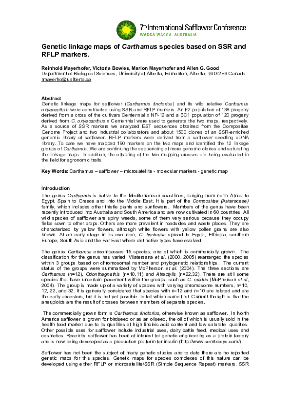 (PDF) Genetic linkage maps of Carthamus species based on SSR and RFLP ...