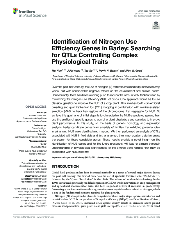 (PDF) Identification of Nitrogen Use Efficiency Genes in Barley ...