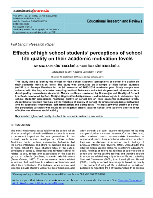 (PDF) Effects of high school students perceptions of school life ...