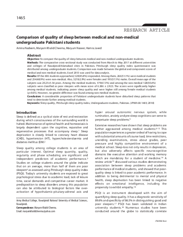 (PDF) Comparison of quality of sleep between medical and non-medical ...