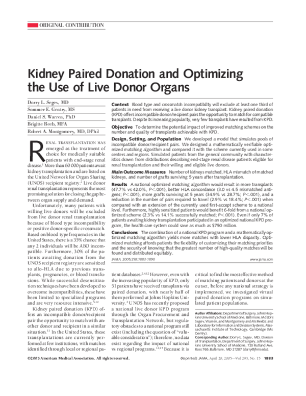 (PDF) Kidney Paired Donation and Optimizing the Use of Live Donor Organs