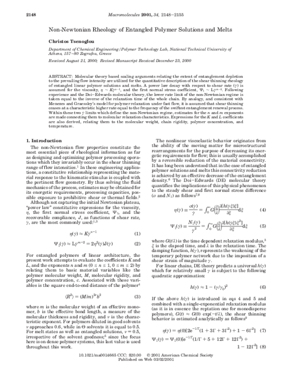 (PDF) Non-Newtonian Rheology of Entangled Polymer Solutions and Melts