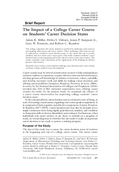 (PDF) The Impact of a College Career Course on Students’ Career ...