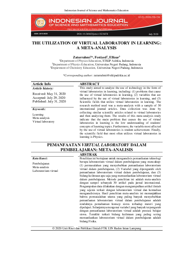 (PDF) The Utilization of Virtual Laboratory in Learning: A Meta-Analysis
