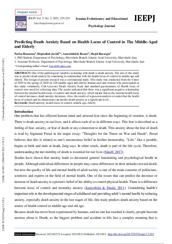 (PDF) Predicting Death Anxiety Based on Health Locus of Control in The ...