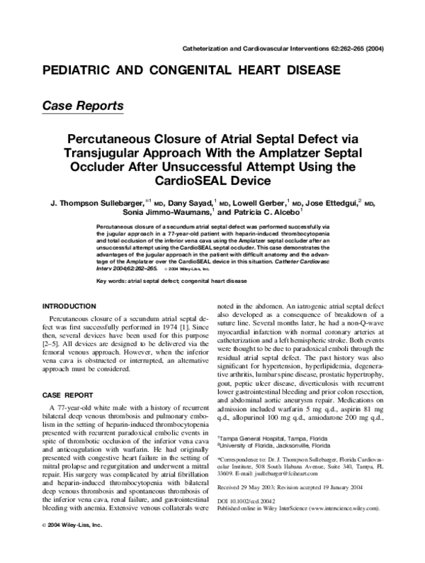 (PDF) Percutaneous closure of atrial septal defect via transjugular ...
