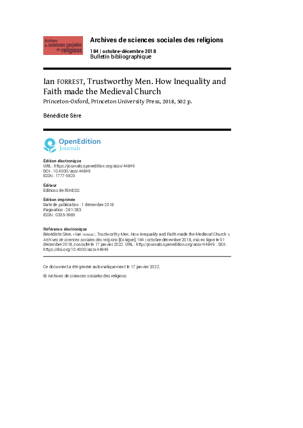 (PDF) Ian Forrest, Trustworthy Men. How Inequality and Faith made the ...