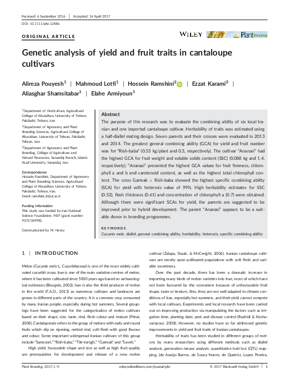 (PDF) Genetic analysis of yield and fruit traits in cantaloupe cultivars