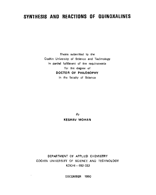 (PDF) Synthesis and Reactions of Quinoxalines