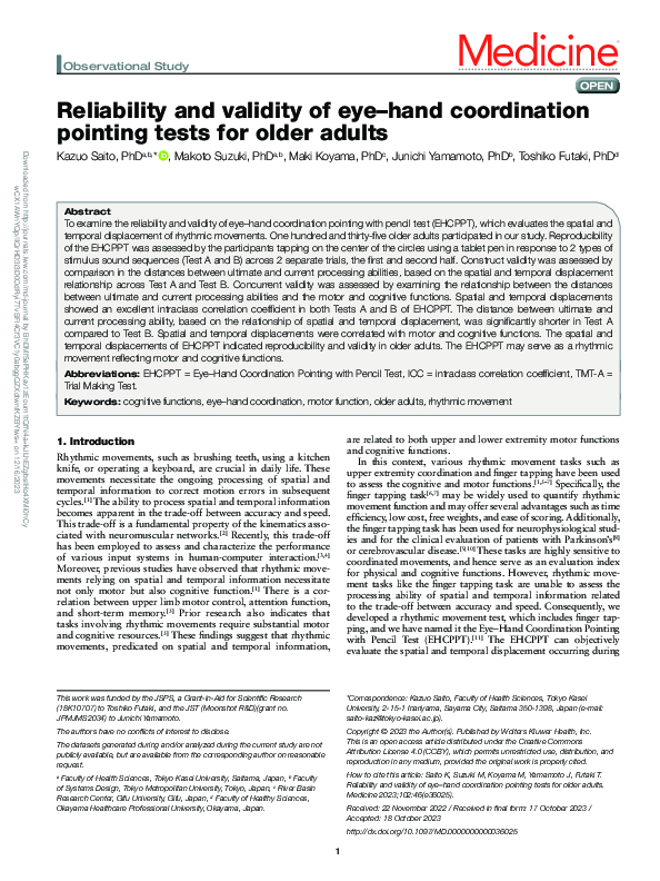 (PDF) Reliability and validity of eye-hand coordination pointing tests ...
