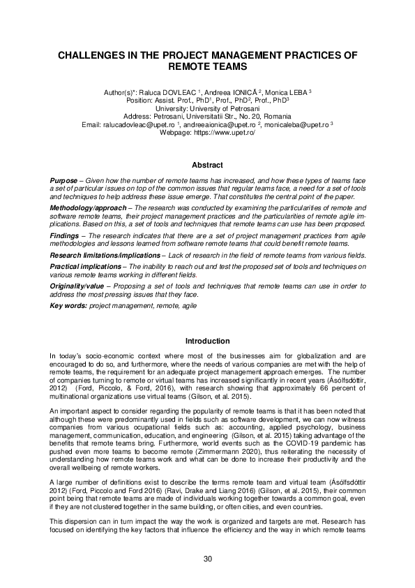 (PDF) Challenges in the Project Management Practices of Remote Teams