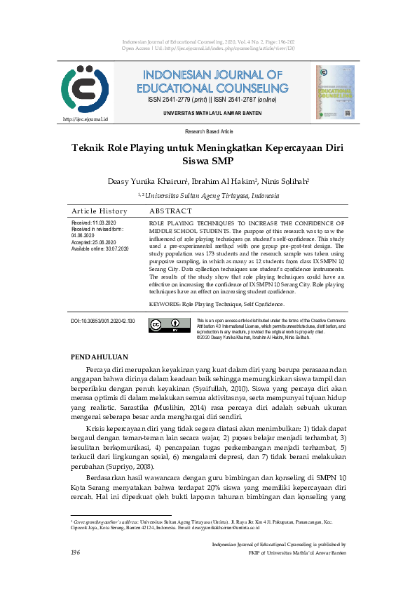 Pdf Teknik Role Playing Untuk Meningkatkan Kepercayaan Diri Siswa Smp