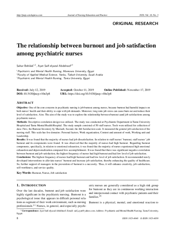 (PDF) The relationship between burnout and job satisfaction among ...