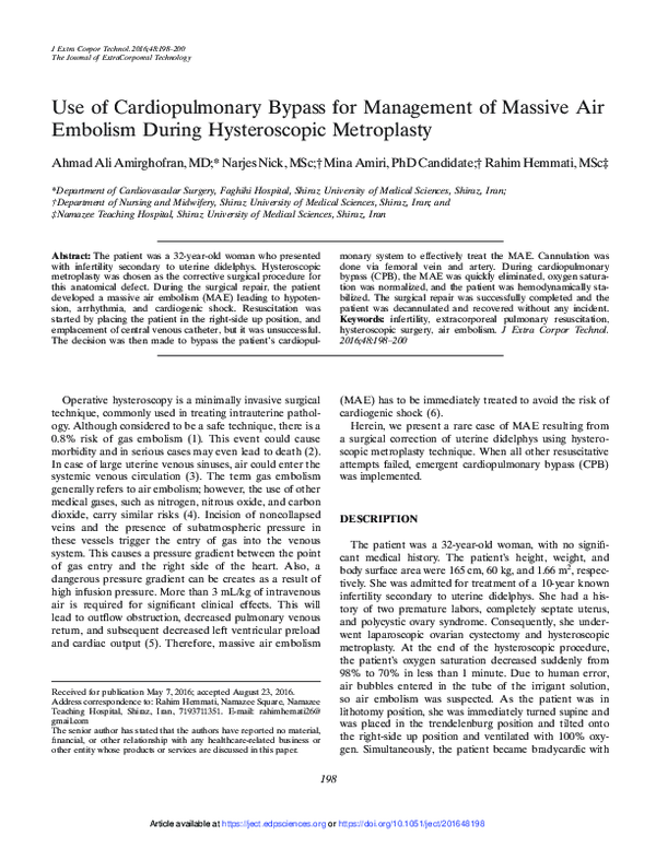 (PDF) Use of Cardiopulmonary Bypass for Management of Massive Air ...