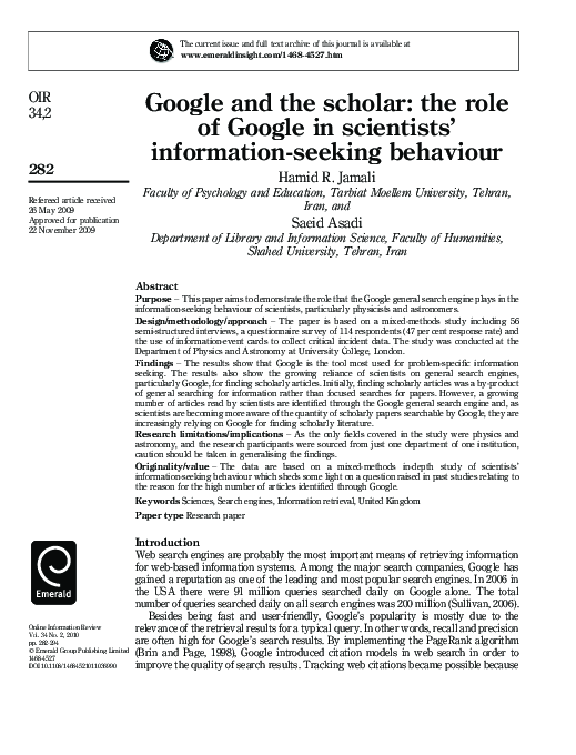 (PDF) Google and the scholar: the role of Google in scientists ...