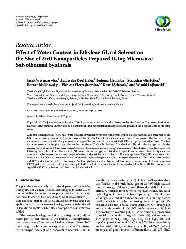 (PDF) Effect of Water Content in Ethylene Glycol Solvent on the Size of ...