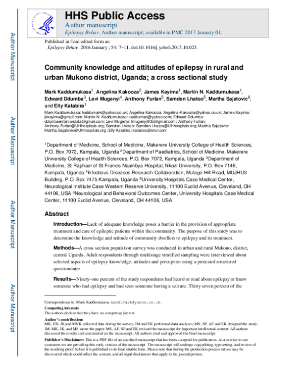 (PDF) Community knowledge of and attitudes toward epilepsy in rural and ...